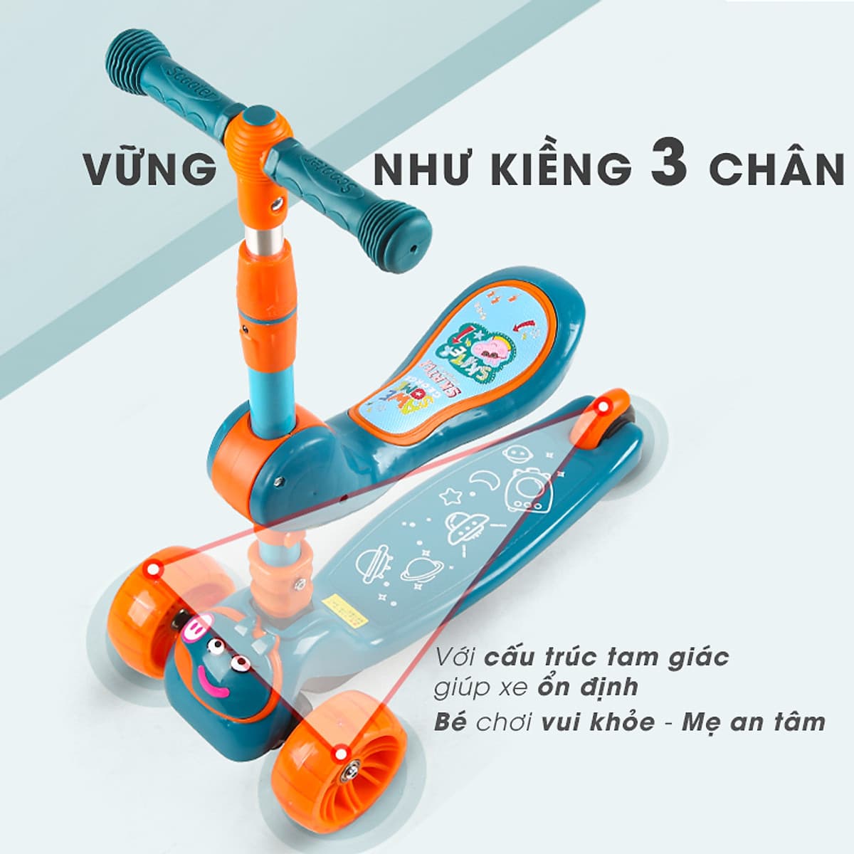 Xe trượt scooter 3 bánh cao cấp dành cho bé, phát nhạc, bánh xe phát sáng vĩnh cửu, rèn luyện vận động, tăng chiều cao cho bé, chịu lực lên tới 90kg