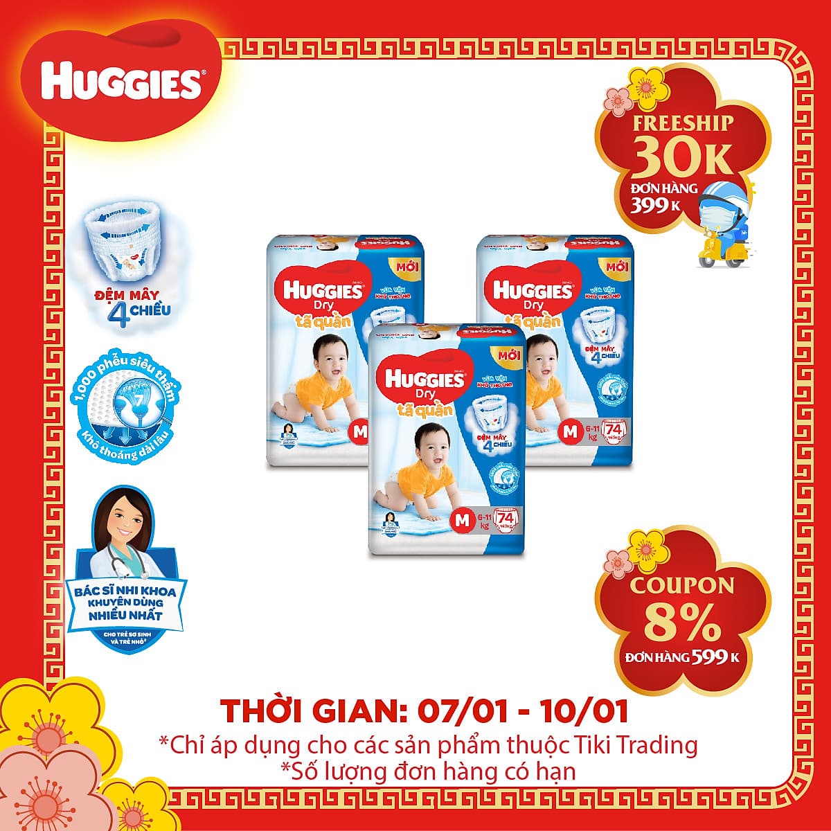 Combo 3 Gói Tã Quần Huggies Dry Gói Cực Đại M74 (74 Miếng) - Bao Bì Mới