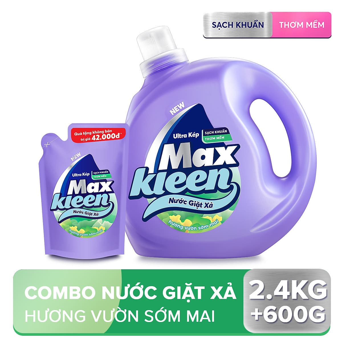 Chai Nước Giặt Xả Maxkleen Hương Vườn Sớm Mai Sạch Khuẩn Thơm Mềm Tiện Lợi & Tiết Kiệm 2.4Kg Tặng Túi 600G