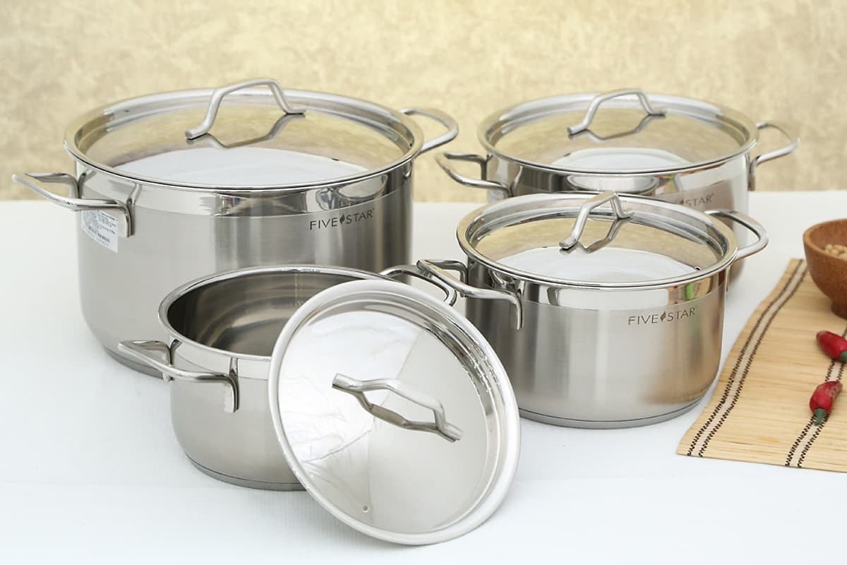 Bộ nồi Fivestar inox 304 bếp từ 3 đáy 4 món FS08-CV tặng bộ thau rổ- Hàng Chính hãng