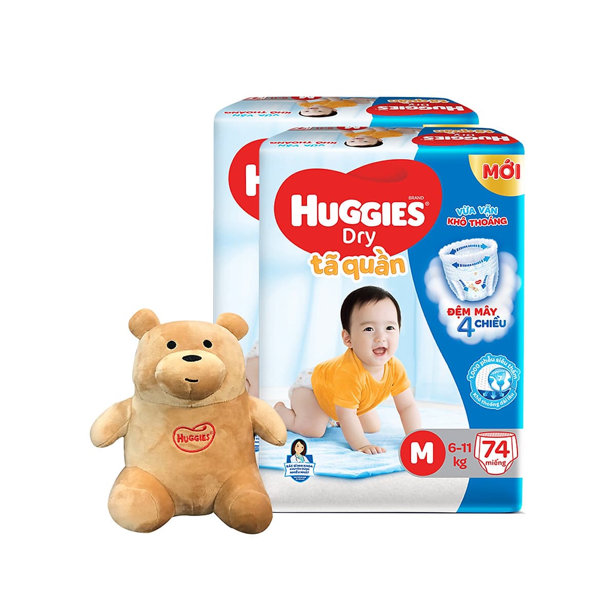 Combo 2 Tã quần HUGGIES DRY PANTS SUPER JUMBO M74/L68/XL62/XXL56 [Tặng gấu bông ngồi] 
