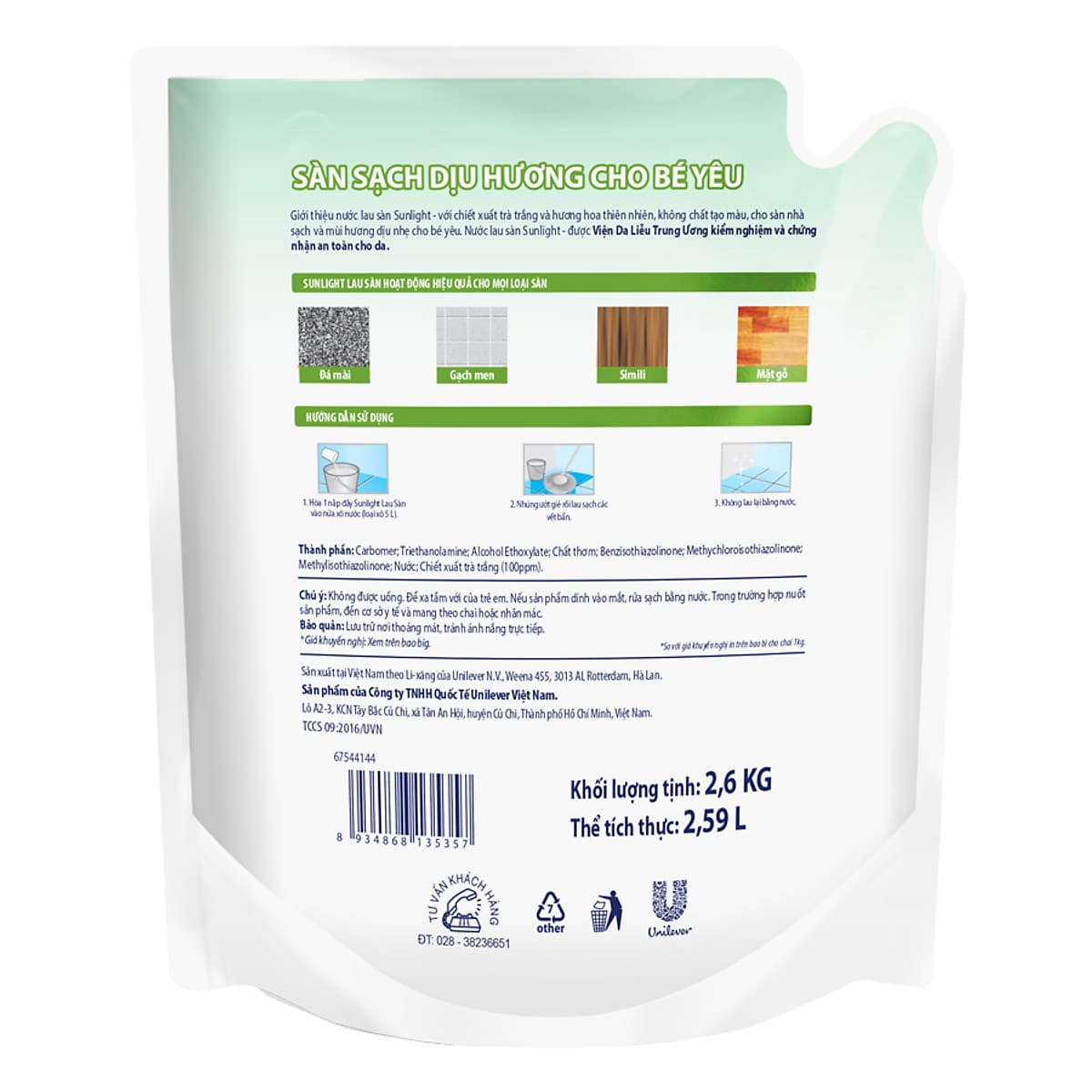 Nước Lau Sàn Sunlight Hương Hoa Thiên Nhiên Túi 2.6Kg Màu Trắng