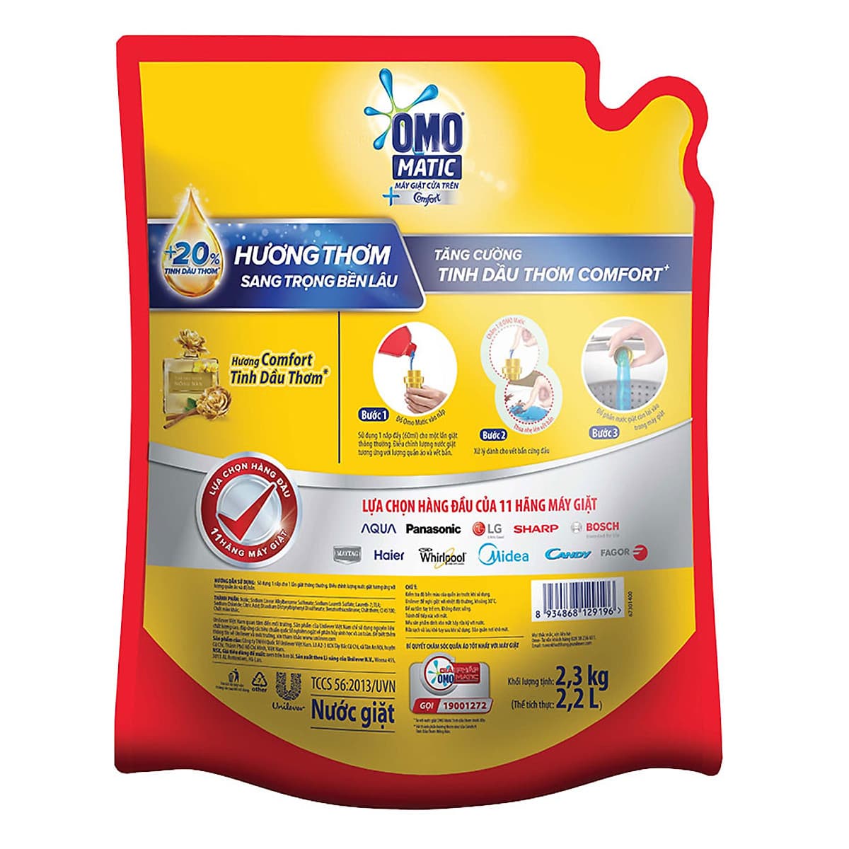 Nước Giặt OMO Matic Comfort Tinh Dầu Thơm Cho Máy Giặt Cửa Trên (2.3Kg/Túi)