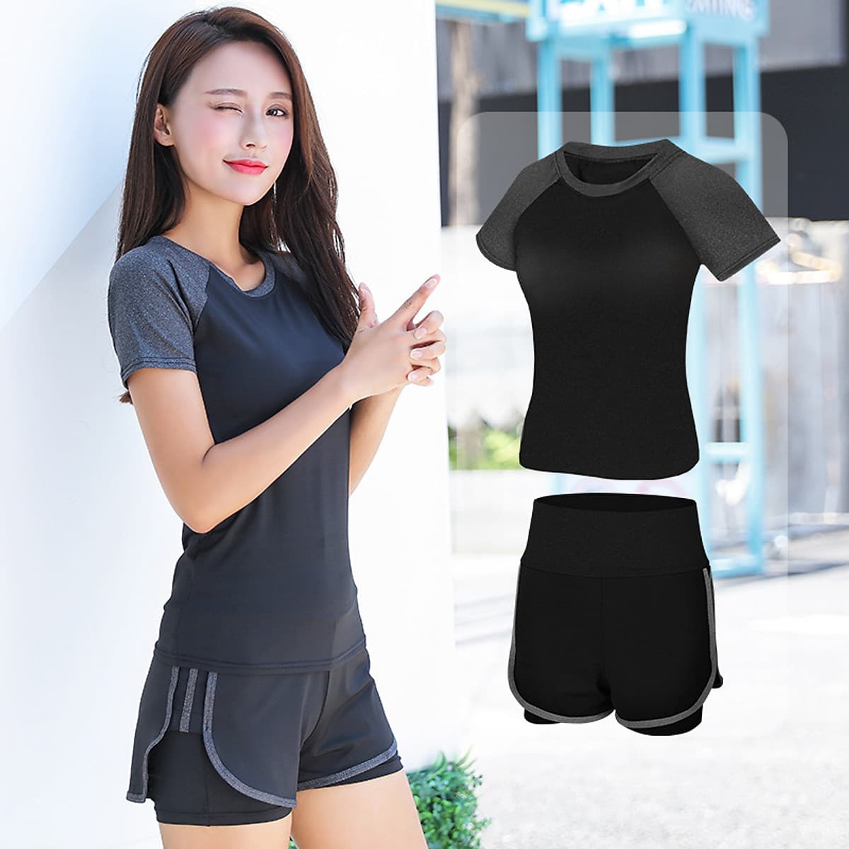 Bộ Quần Áo Tập Gym, Yoga, Thể Dục Nữ Hàng Cao Cấp - Set Quần Đùi + Áo Tay Ngắn Sườn Cong