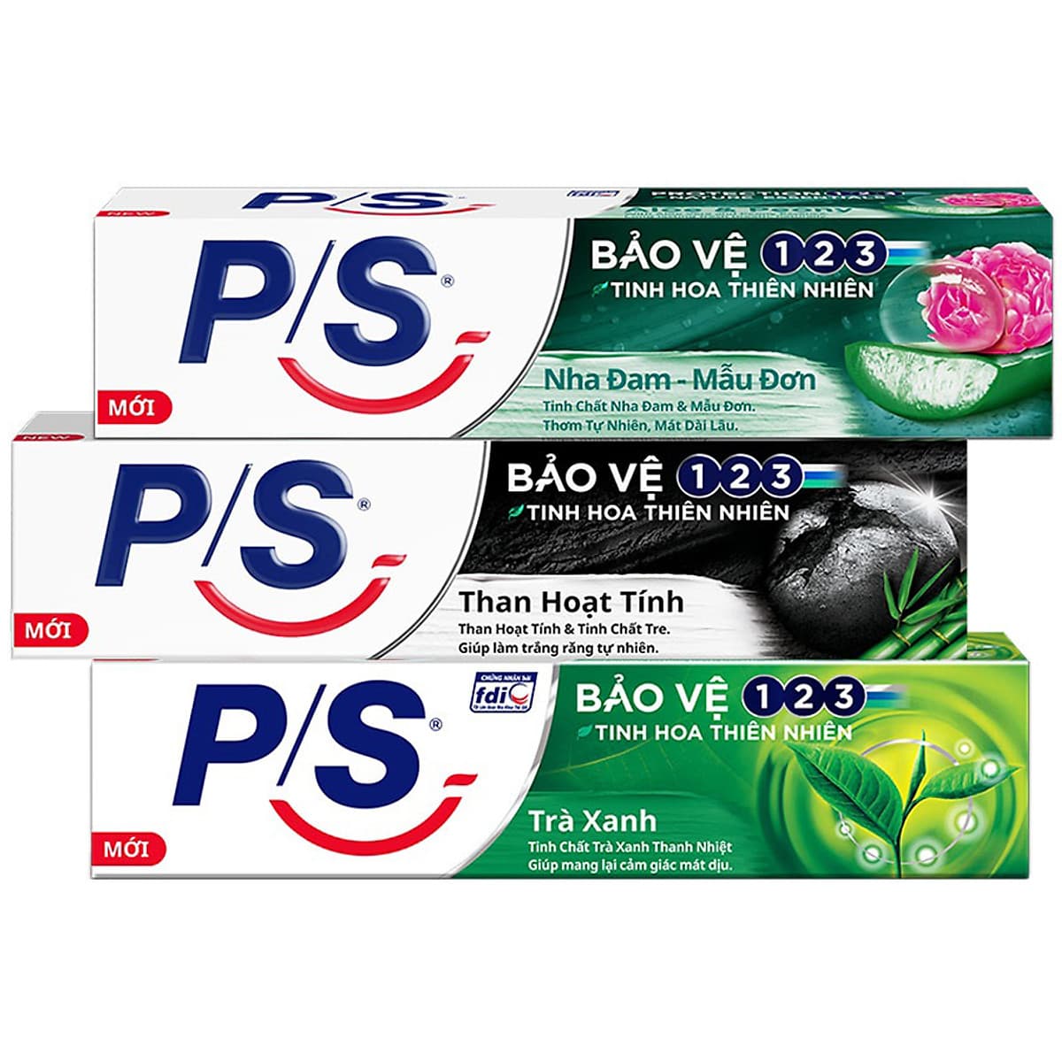 Combo 3 Kem Đánh Răng P/S: Bảo Vệ 123 Nha Đam - Mẫu Đơn (180g) + Than Hoạt Tính & Tre (180g) + 123 Trà Xanh (190g)