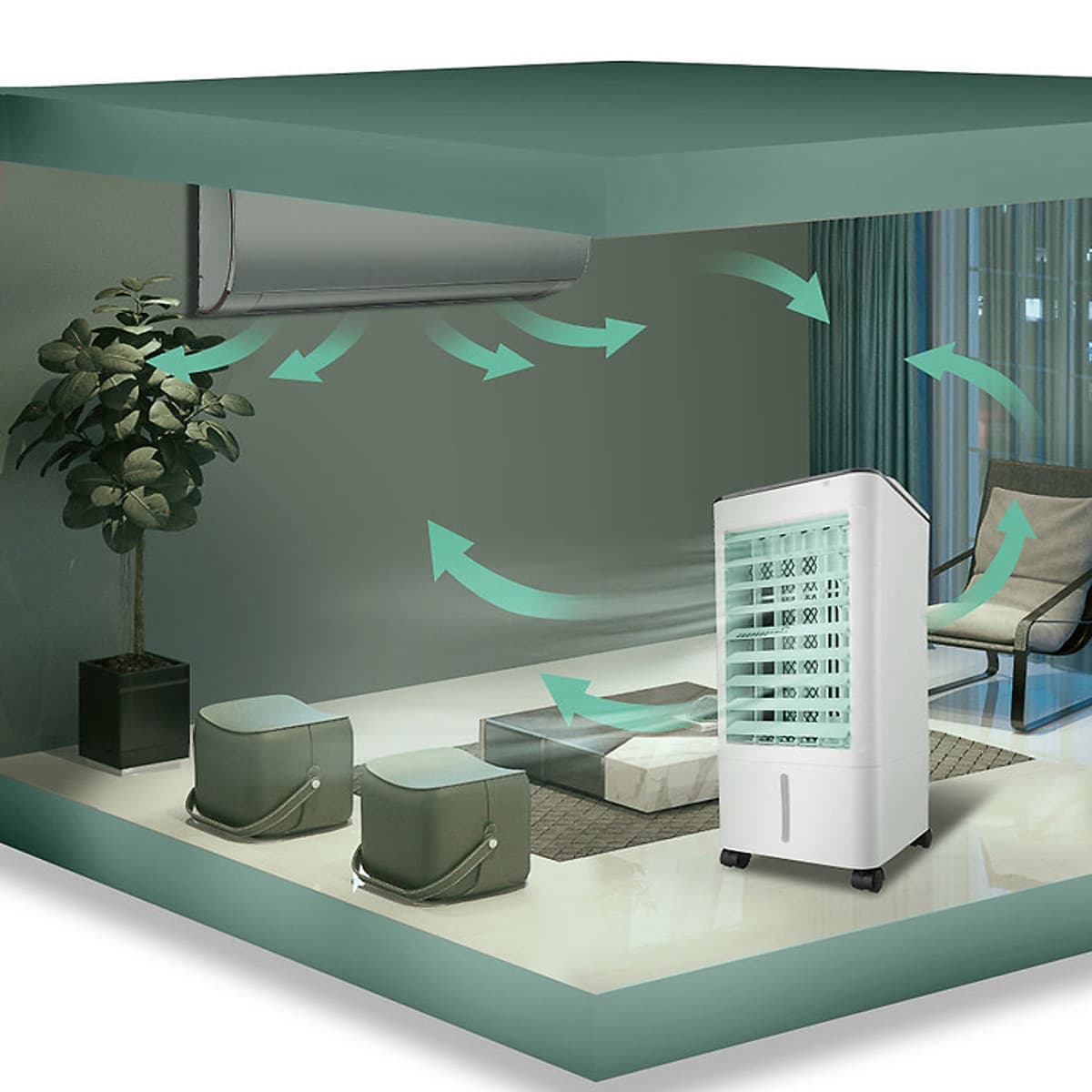 Quạt Điều Hòa Hơi Nước Đá  Có Bánh Xe kèm Điều Khiển Mini 