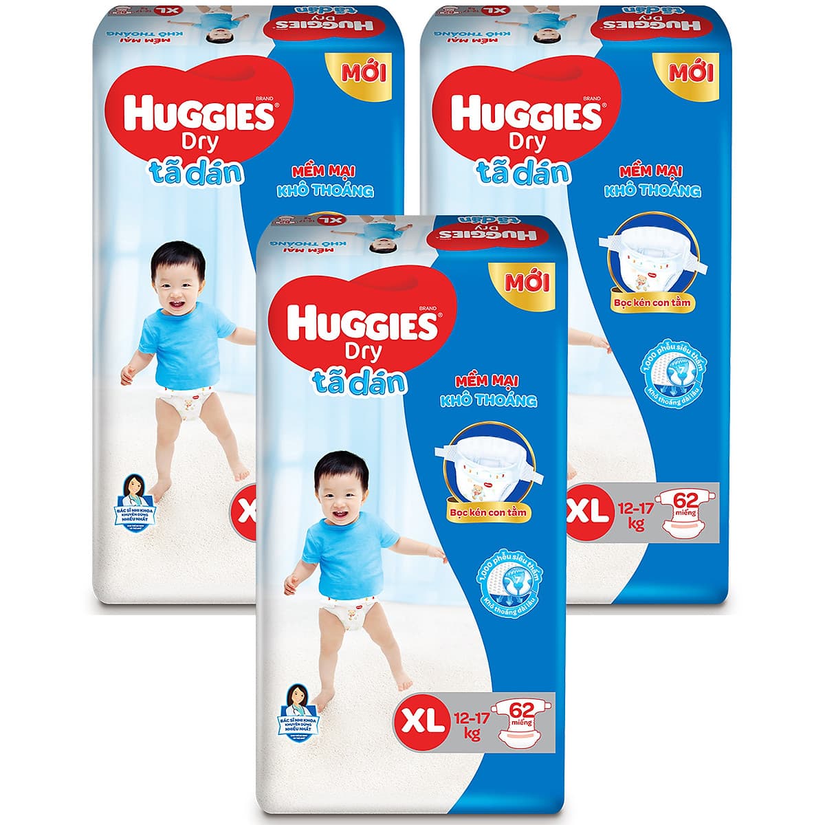 Combo 3 Gói Tã Dán Huggies Dry Gói Cực Đại XL62 (62 Miếng) - Bao Bì Mới
