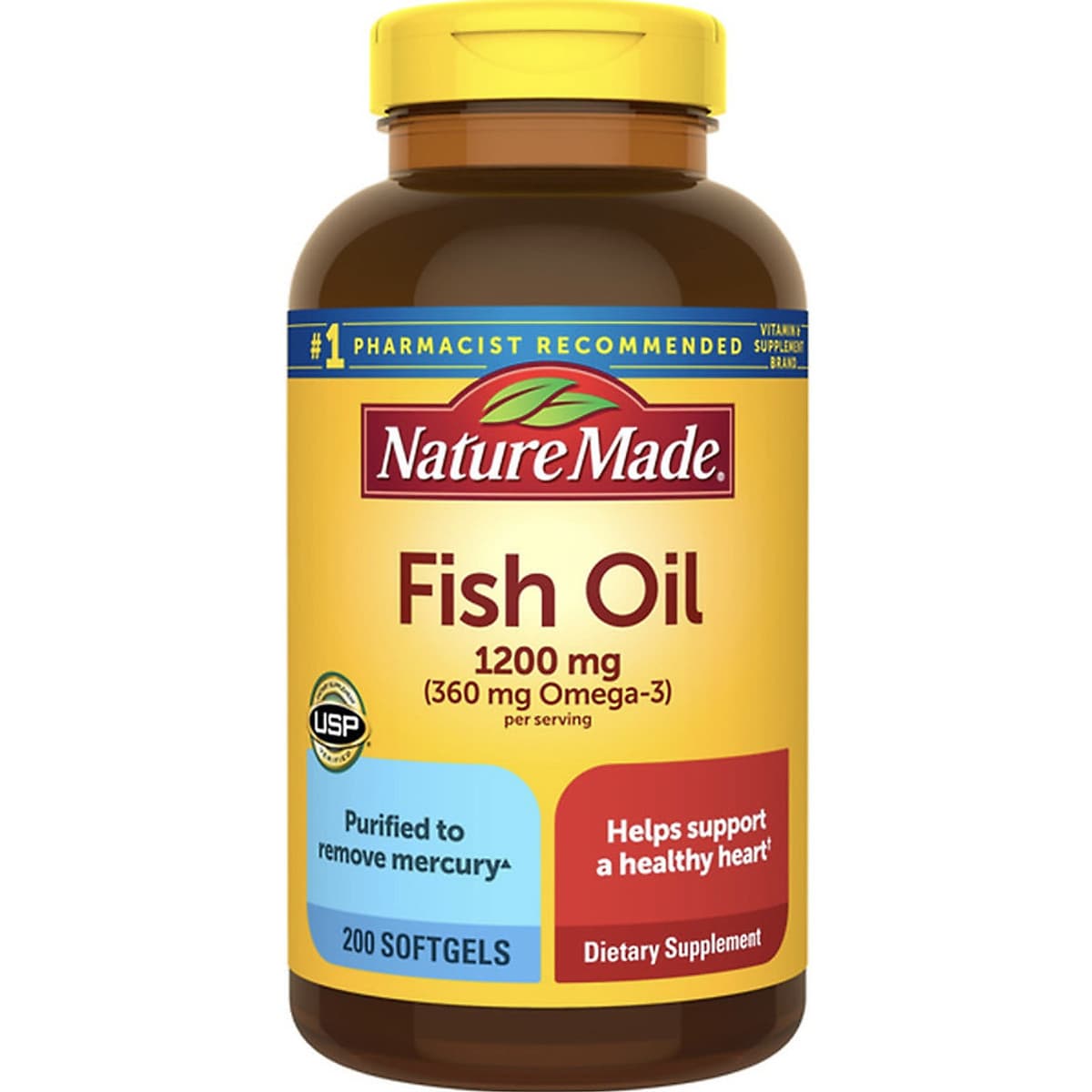 Thực phẩm bổ sung: Dầu cá Nature Made Fish Oil 1200mg, 360mg Omega-3, 200 Viên (Mẫu mới) - Nhập khẩu Mỹ