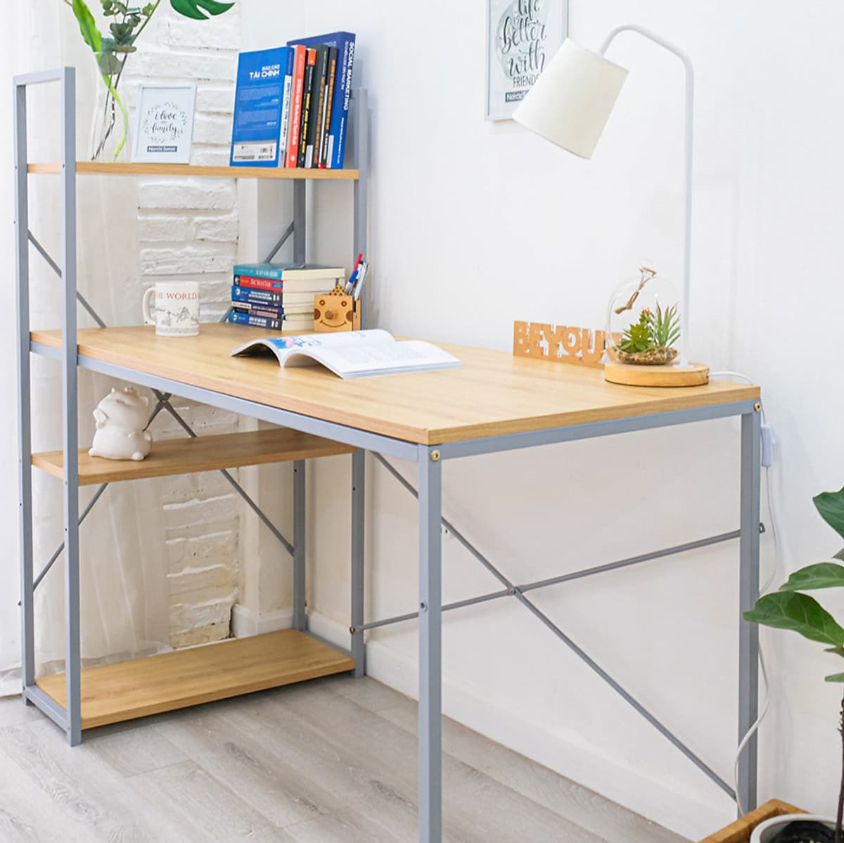 Bàn Làm Việc BEYOURs Neuly Table Gỗ Chân Sắt Phối Kệ Sách Đa Năng