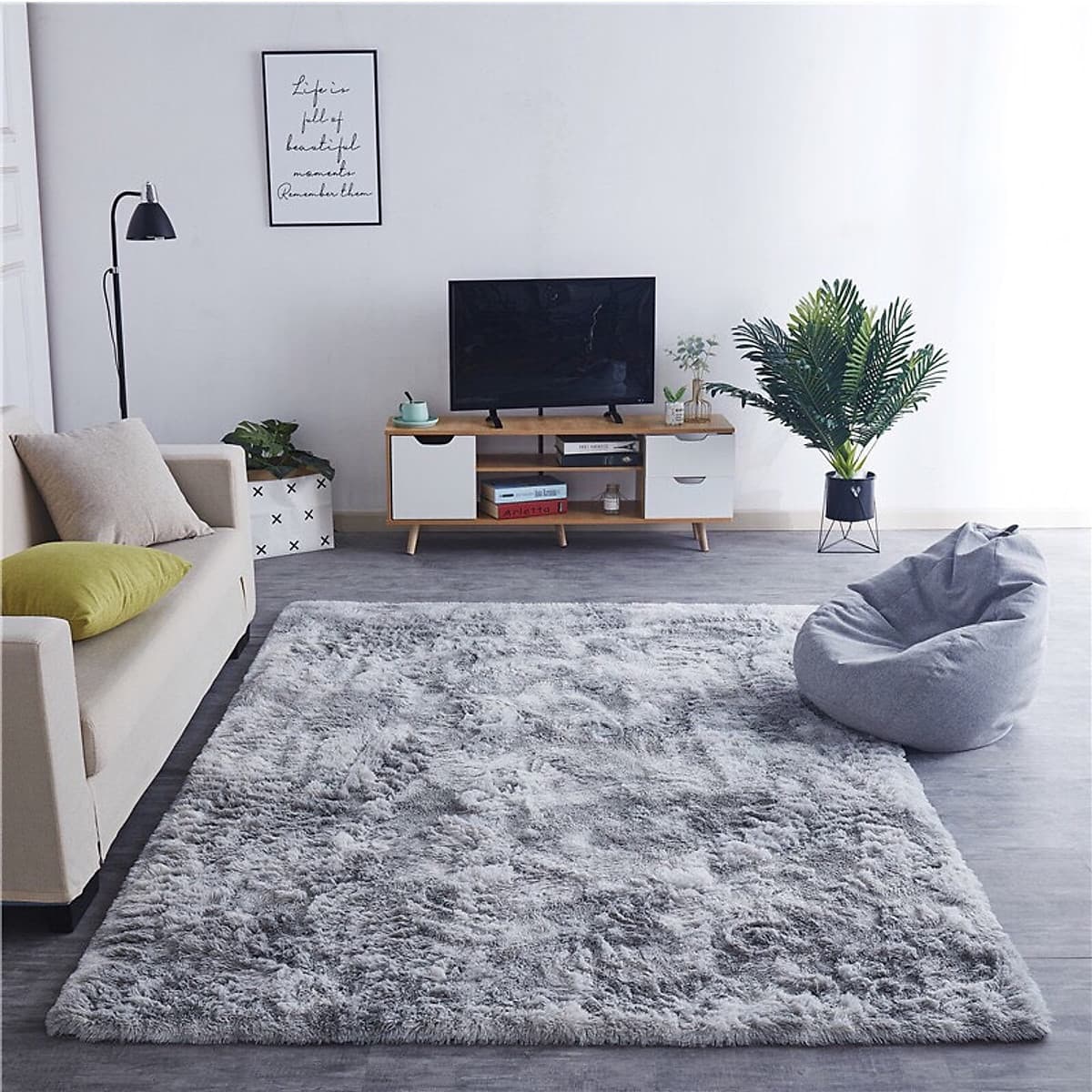 Thảm Lông Loang Màu Xám Nhạt Trải Sàn Trang Trí 1m6x2m