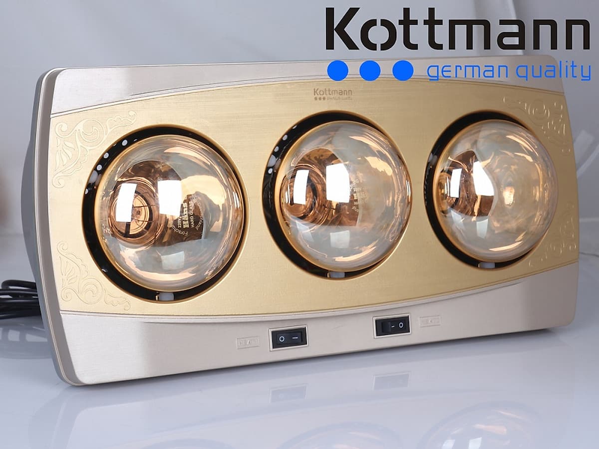 Đèn sưởi treo tường 3 bóng vàng hồng ngoại tráng kim cương nhân tạo Kottmann dùng công tắc –Bóng sưởi chống nổ, chống nước IPX2, chống chập điện (K3BH)