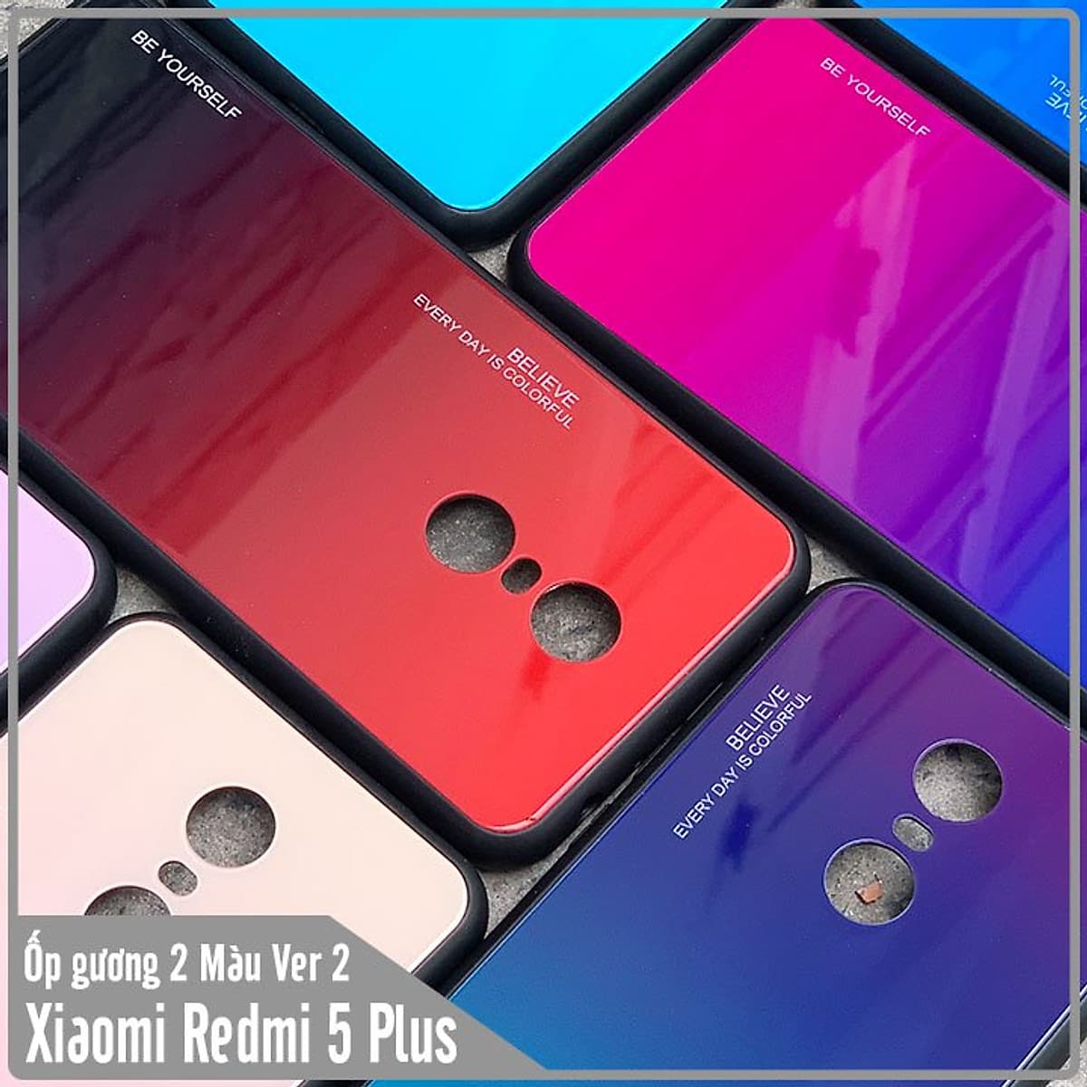 Ốp lưng cho Xiaomi Redmi 5 Plus gương cứng 2 màu Gradient Ver 2 , viền TPU dẻo đen