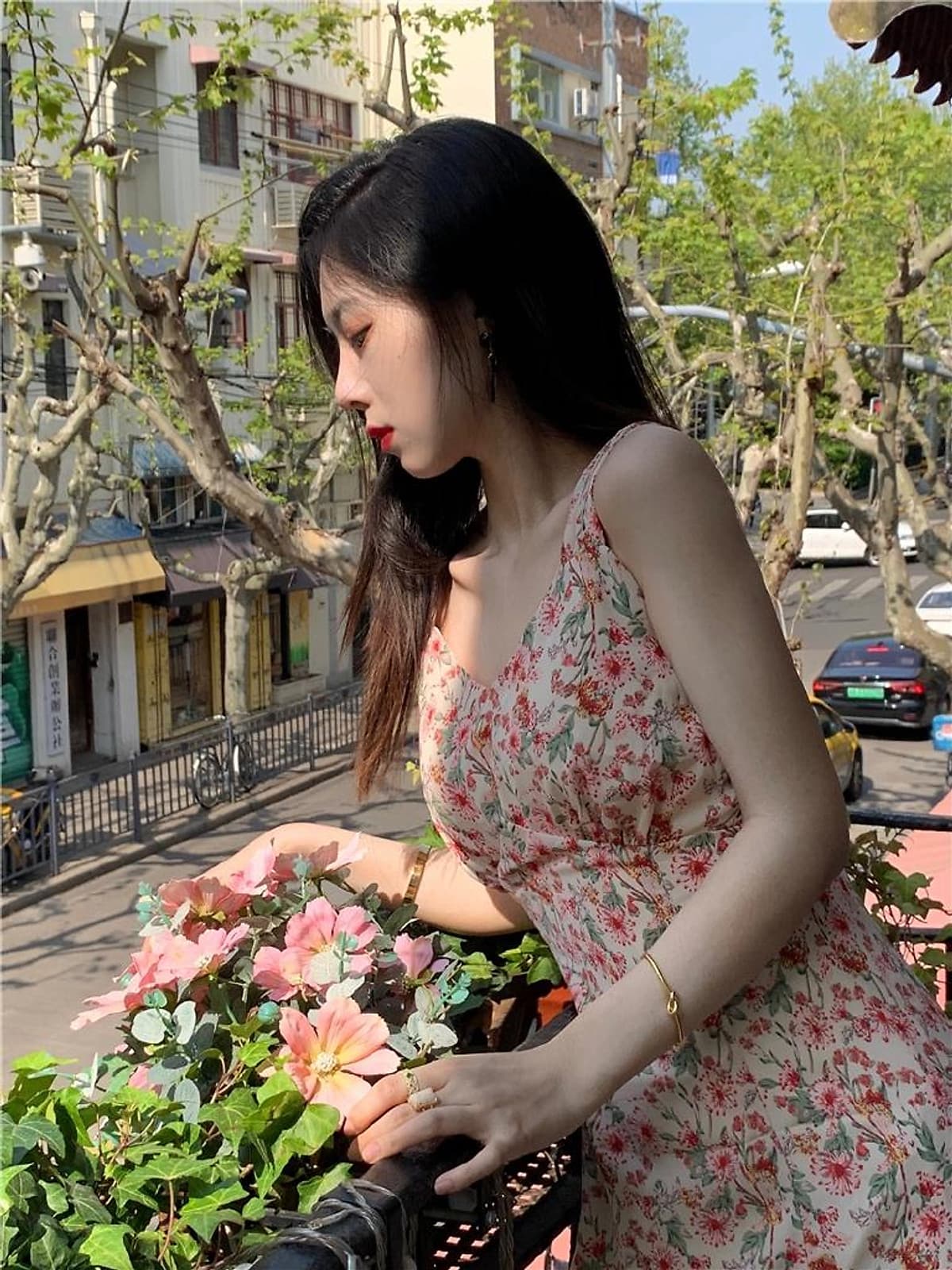 Đầm Voan Hai Dây Cổ Tim In Họa Tiết Hoa Trang Nhã Dành Cho Nữ