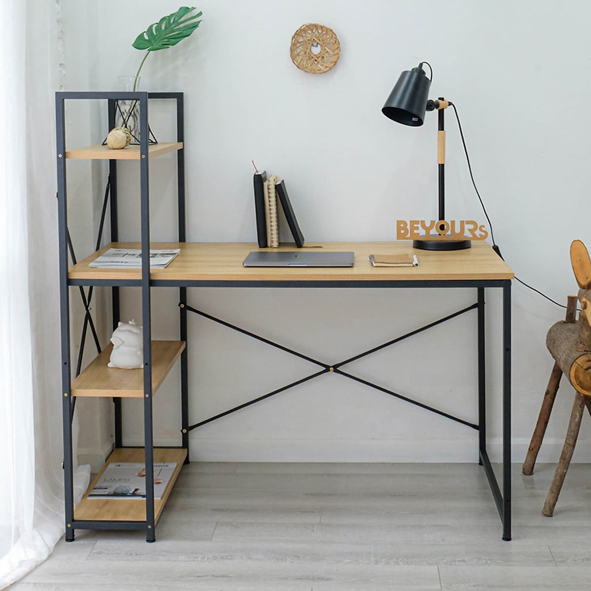 Bàn Làm Việc BEYOURs Neuly Table Gỗ Chân Sắt Phối Kệ Sách Đa Năng