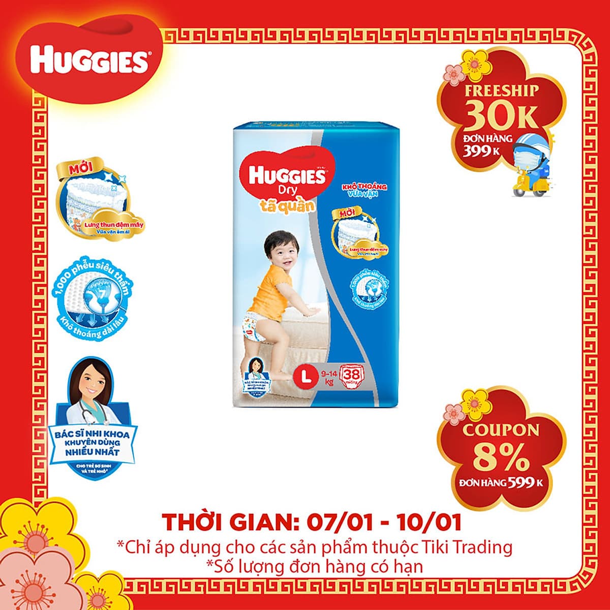 Tã Quần Huggies Dry Pants Jumbo L38 (8 - 13Kg) - Gói 38 Miếng