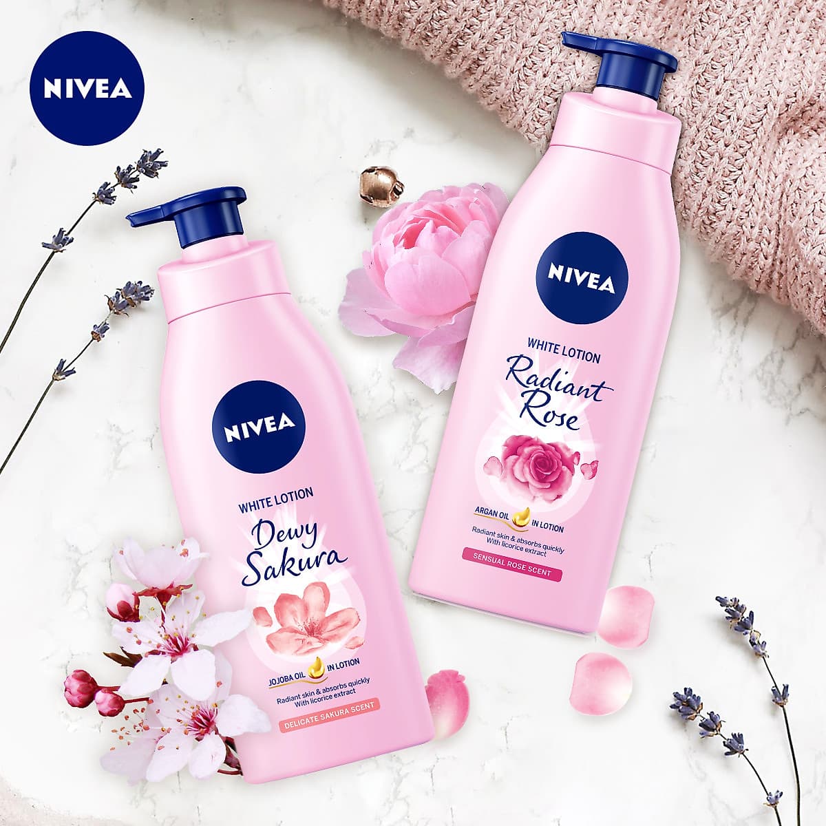 Bộ đôi dưỡng thể Hương hoa Sữa Dưỡng Thể Dưỡng Trắng NIVEA Hương Anh Đào Dewy Sakura (350ml) - 85703 & Sữa Dưỡng Thể Dưỡng Trắng NIVEA Hương Hoa Hồng Radiant Rose (350ml) - 85707