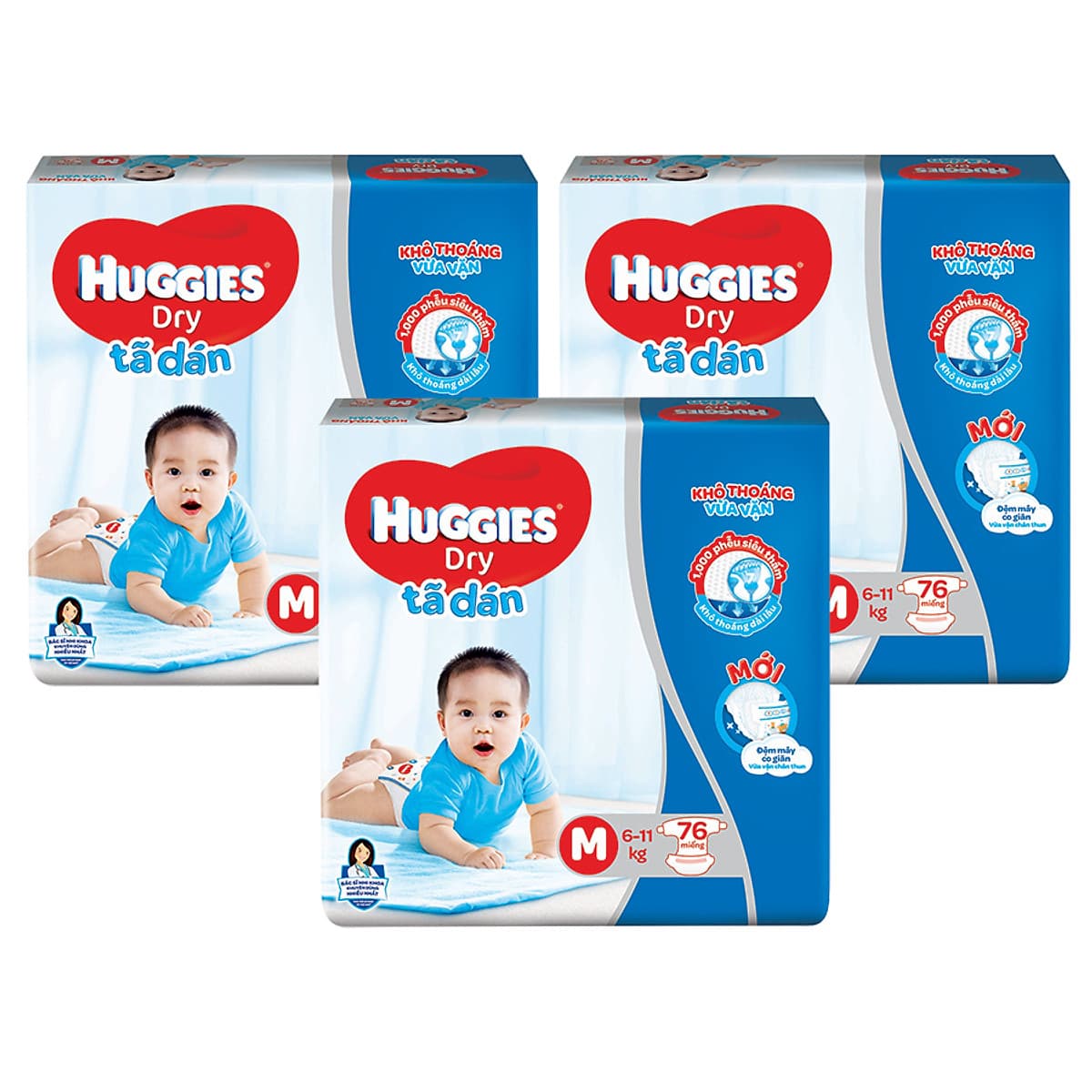 Combo 3 Gói Tã Dán Huggies Dry Gói Cực Đại M76 (76 Miếng) - Bao Bì Mới