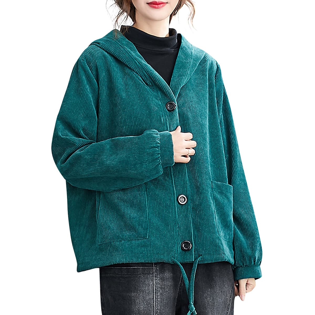 Women Winter Hooded Coat Corduroy Fleece Lining Buttons Pockets Adjustable Drawstring Loose Casual Warm Outerwear