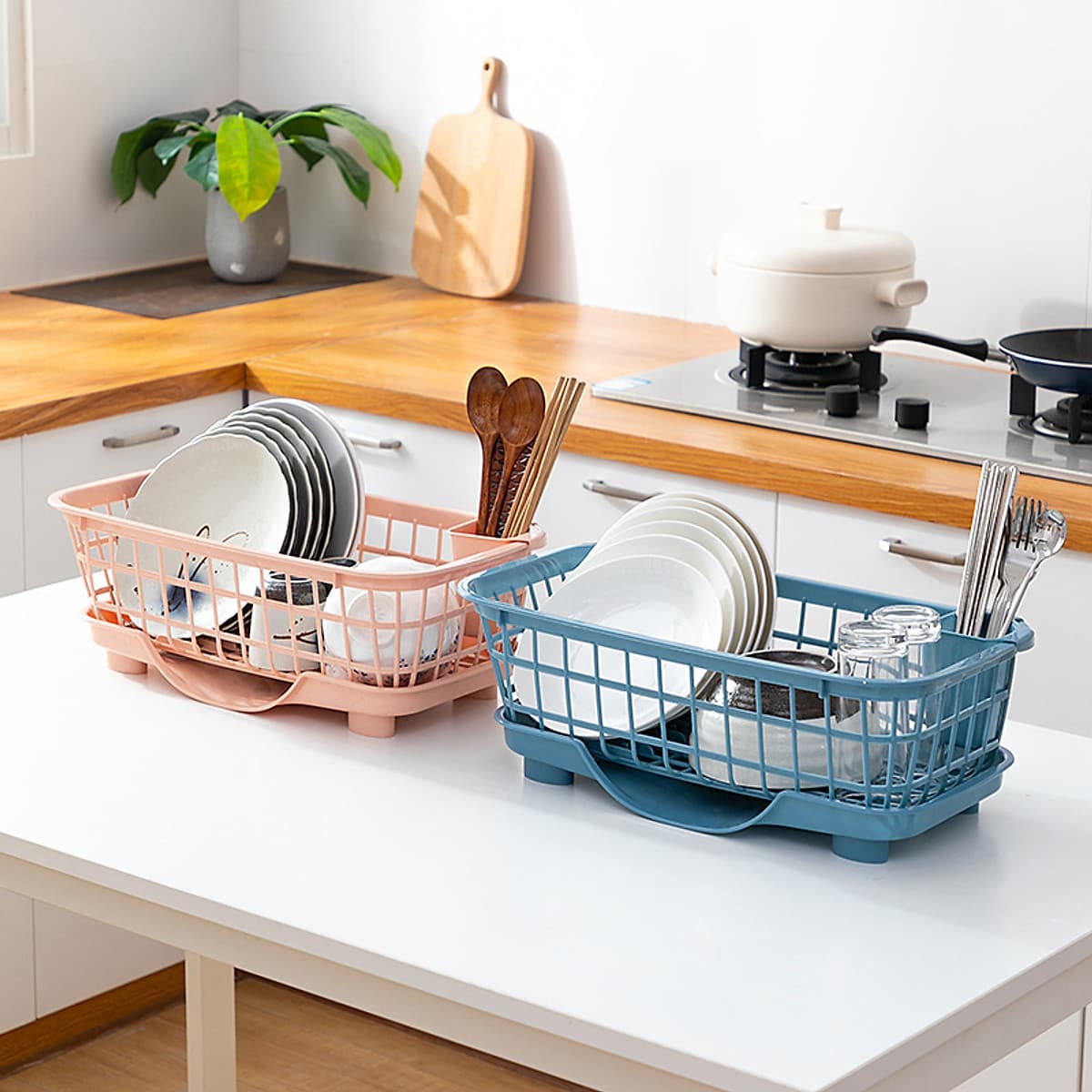Kệ (rổ) úp chén bát, đĩa và thìa đũa có khay thoát nước khô thoáng, tiện lợi 45X23X13cm - Giao màu ngẫu nhiên