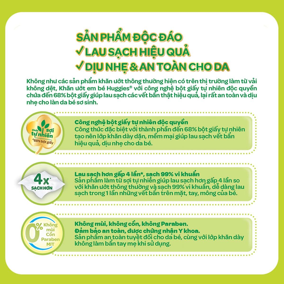 Combo 3 Gói Khăn giấy ướt cho trẻ sơ sinh HUGGIES không mùi, gói 64 tờ