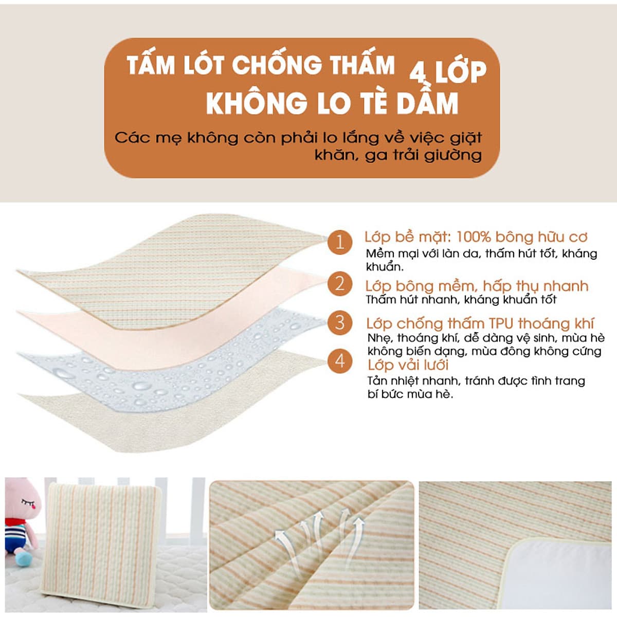 Tấm lót chống thấm cho bé Organic Good Cotton Babyup. Miếng lót chống thấm 4 lớp, mềm mại, thoáng khí, siêu thấm hút, có thể giặt, an toàn cho bé