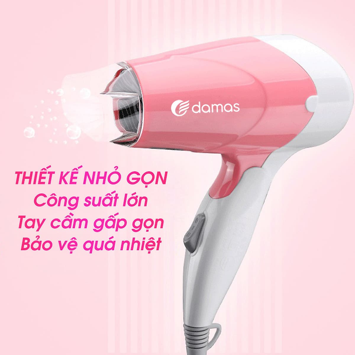 Máy Sấy Tóc Mini Damas JT3377 (Chính Hãng) - Tay cầm gấp gọn tiện dụng, chế độ bảo vệ nguồn điện, tự động ngắt nguồn chống cháy thiết bị