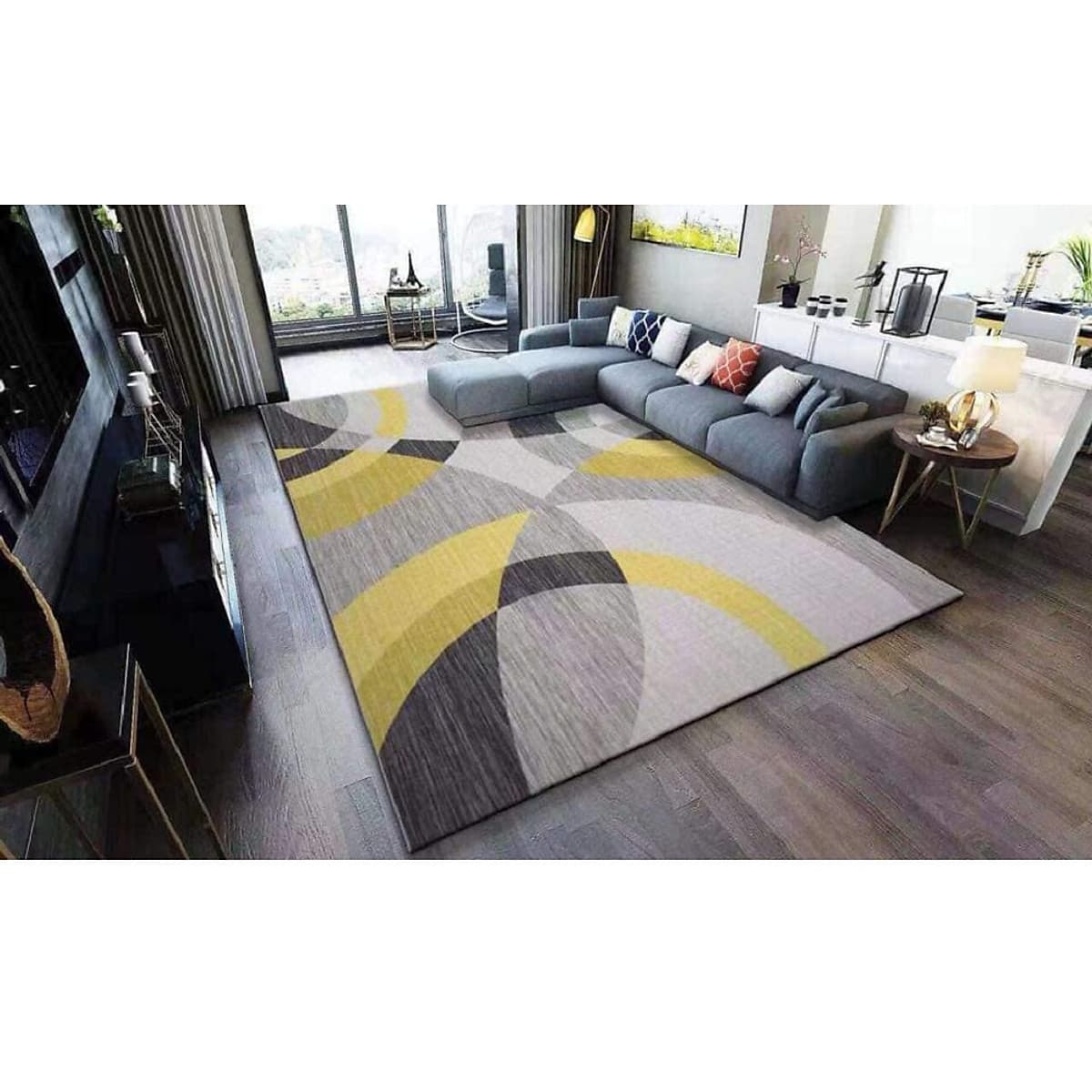 Thảm trải sàn Sofa sang trọng hiện đại trang trí phòng khách Bali in 3D Nhung nỉ lì cao cấp BL09 - Khối tròn vàng