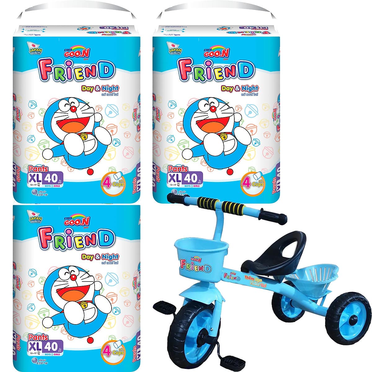 Combo 3 gói tã Goo.n Friend M54/L46/XL40/XXL34/XXXL22 + 6 miếng tặng xe 3 bánh và đồ chơi Toys House cho bé