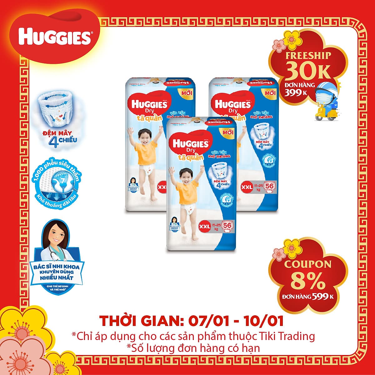 Combo 3 Gói Tã Quần Huggies Dry Gói Cực Đại XXL56 (56 Miếng) - Bao Bì Mới