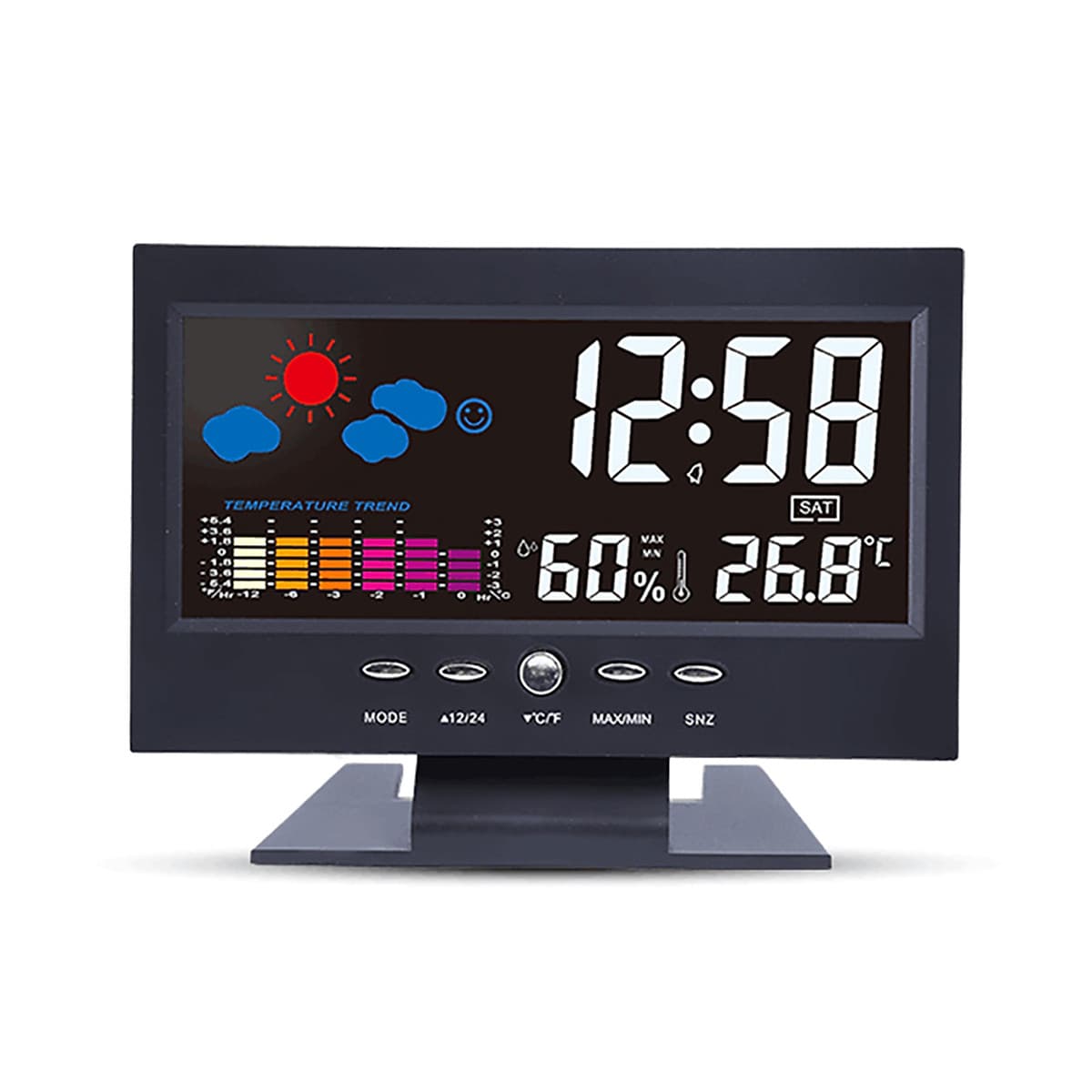 Đồng Hồ Báo Thức Điện Tử Đa Năng Có Màn Hình LCD Hiển Thị Thời Gian/ Ngày/ Tuần/ Nhiệt Độ/ Độ Ẩm/ Thời Tiết - Đen