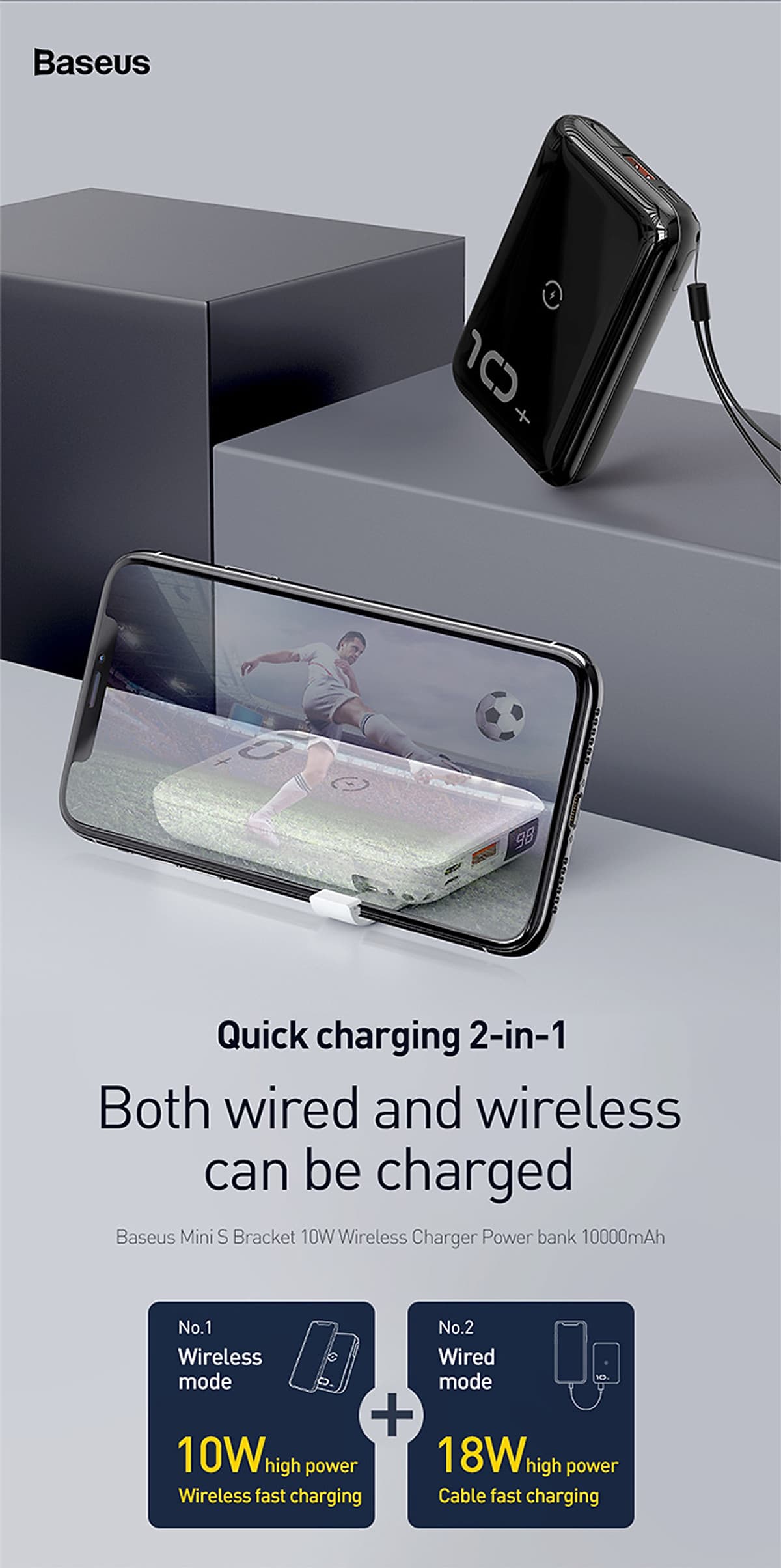 Pin dự phòng tích hợp sạc nhanh không dây 10.000 mAh  Mini S (10W Wireless, 18W PD/ Quick Charge 3.0) Baseus - Hàng chính hãng