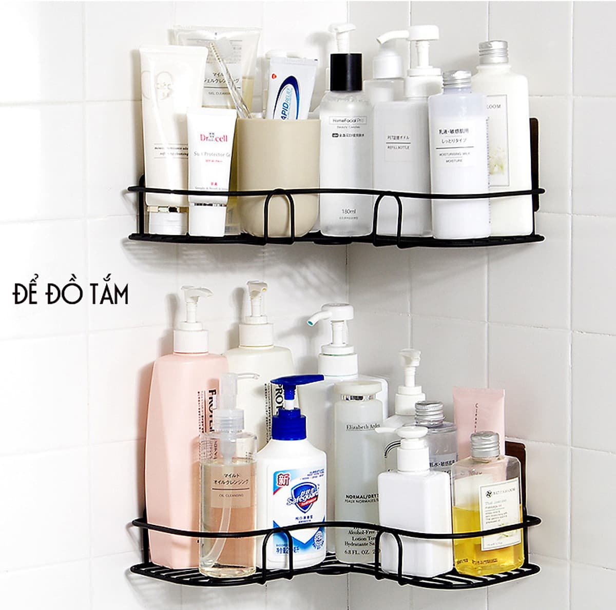 Giá góc, kệ góc treo tường bằng miếng dính (không phải khoan) cho nhà bếp, phòng tắm thêm gọn gàng, để được nhiều đồ hơn