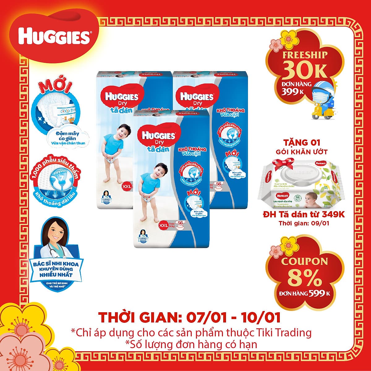 Combo 3 Gói Tã Dán Huggies Dry Gói Cực Đại XXL56 (56 Miếng) - Bao Bì Mới