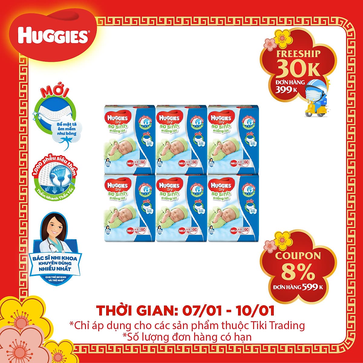 Combo 6 Gói Miếng Lót Sơ Sinh Huggies Newborn 2 (4-7kg) - N60 (Gói 60 Miếng)