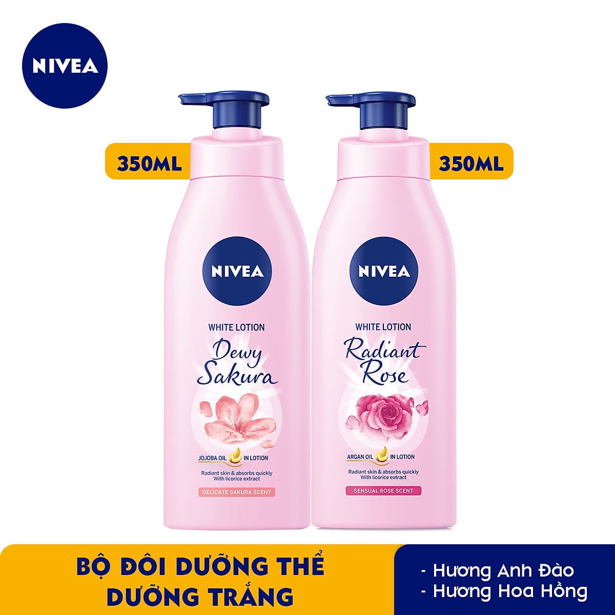Bộ đôi dưỡng thể Hương hoa Sữa Dưỡng Thể Dưỡng Trắng NIVEA Hương Anh Đào Dewy Sakura (350ml) - 85703 & Sữa Dưỡng Thể Dưỡng Trắng NIVEA Hương Hoa Hồng Radiant Rose (350ml) - 85707