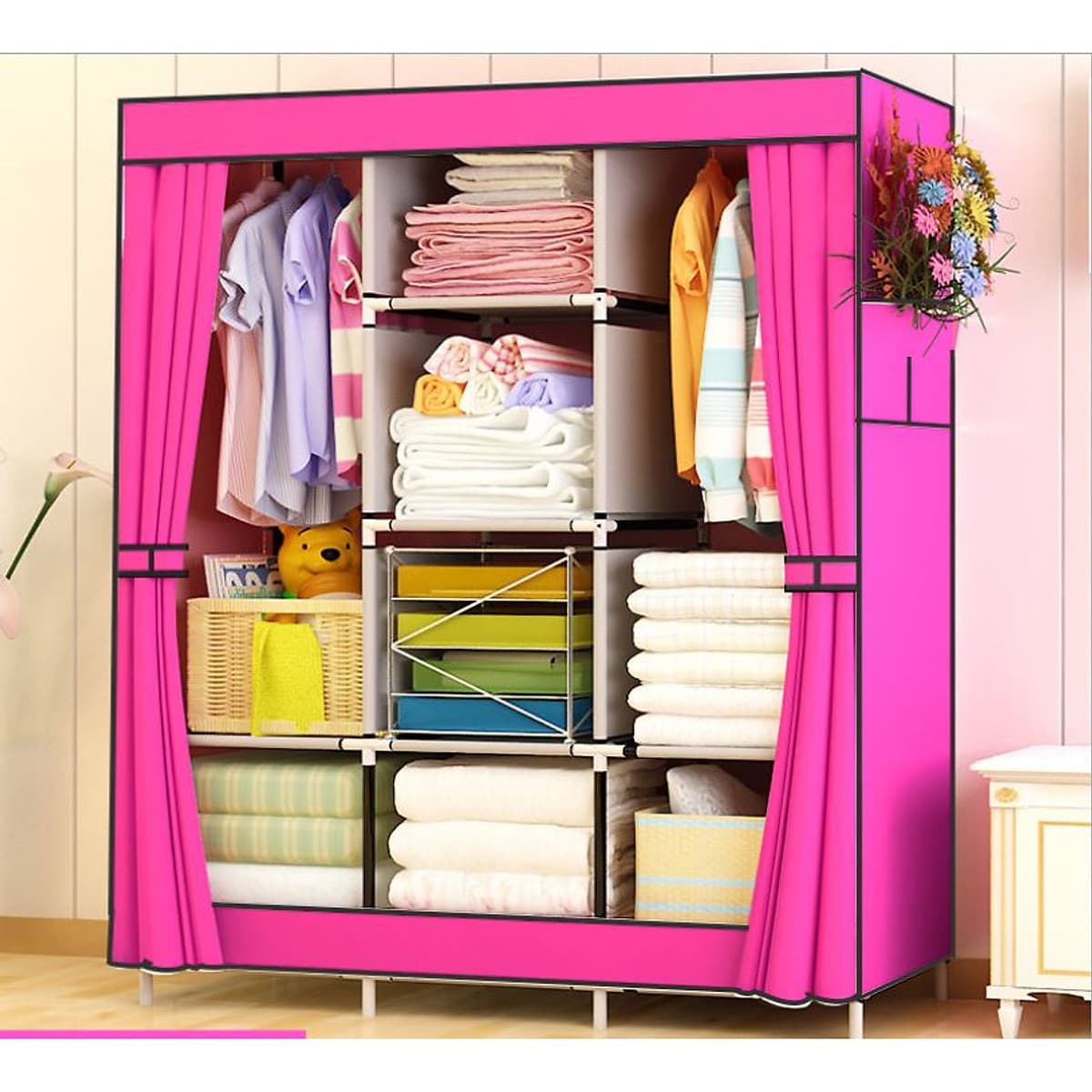 Tủ Quần Áo miDoctor Cải Tiến Thế Hệ Mới, Tủ Vải Quần Áo 3 Buồng 8 Ngăn 1,7m Cao Cấp