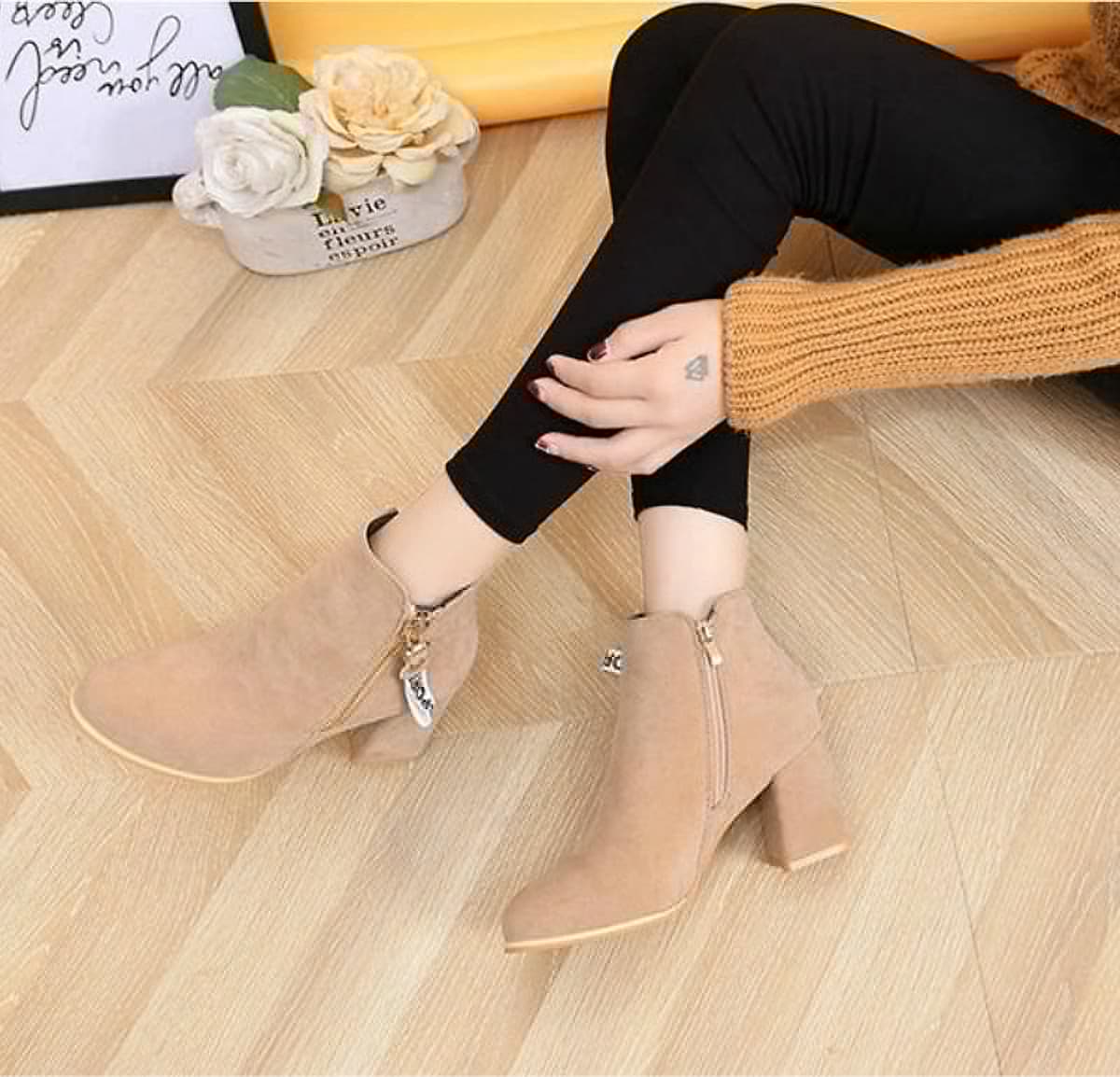 IELGY [Size34-43] Thick bottom women's shoes tide comfortable mid-heel 7cm fashion short boots shoes