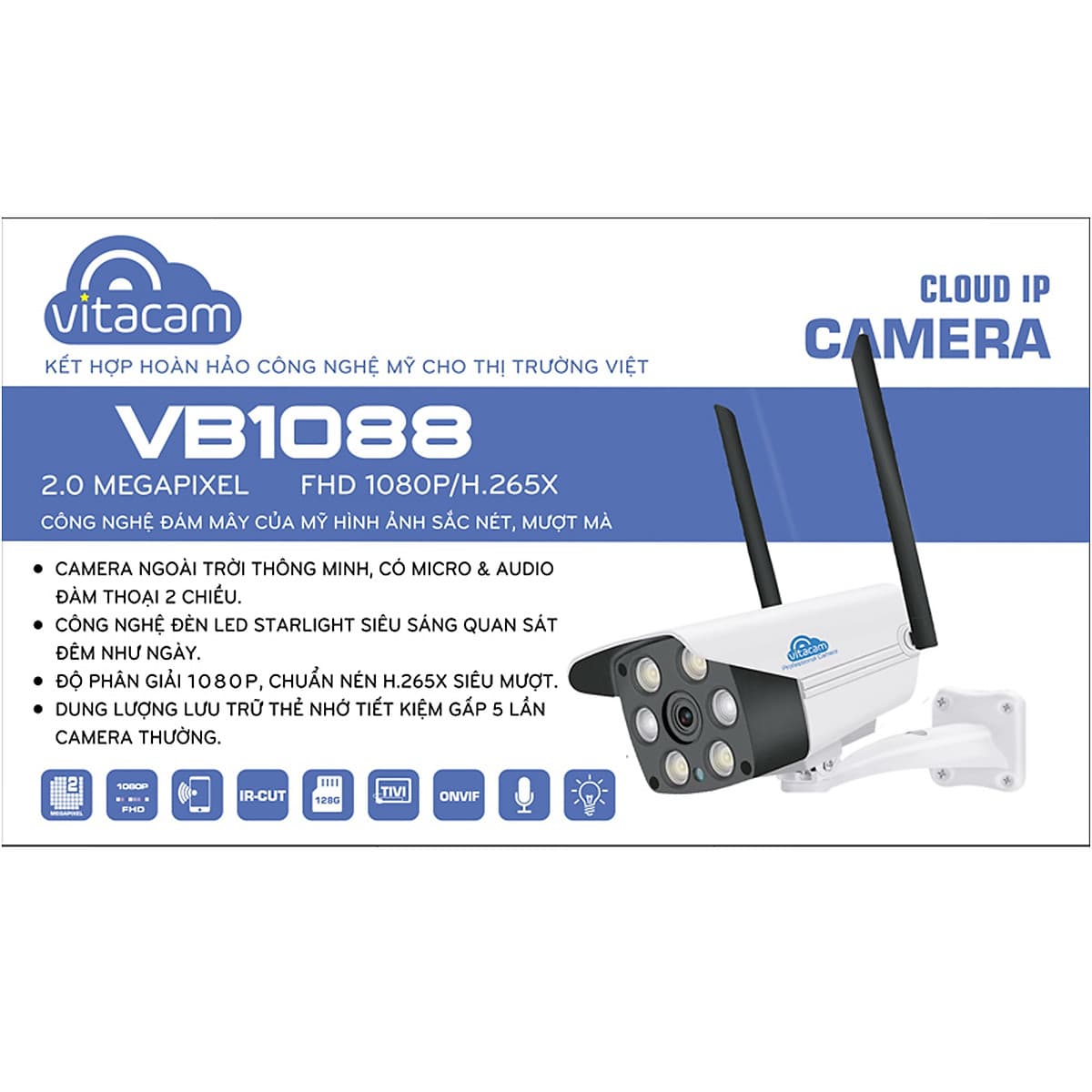 Camera Ip Wifi Ngoài Trời Vitacam VB1088 - 2Mpx Full HD 1080P - Đèn Starlight Quan Sát Màu Ngày Và Đêm - Hàng Chính Hãng