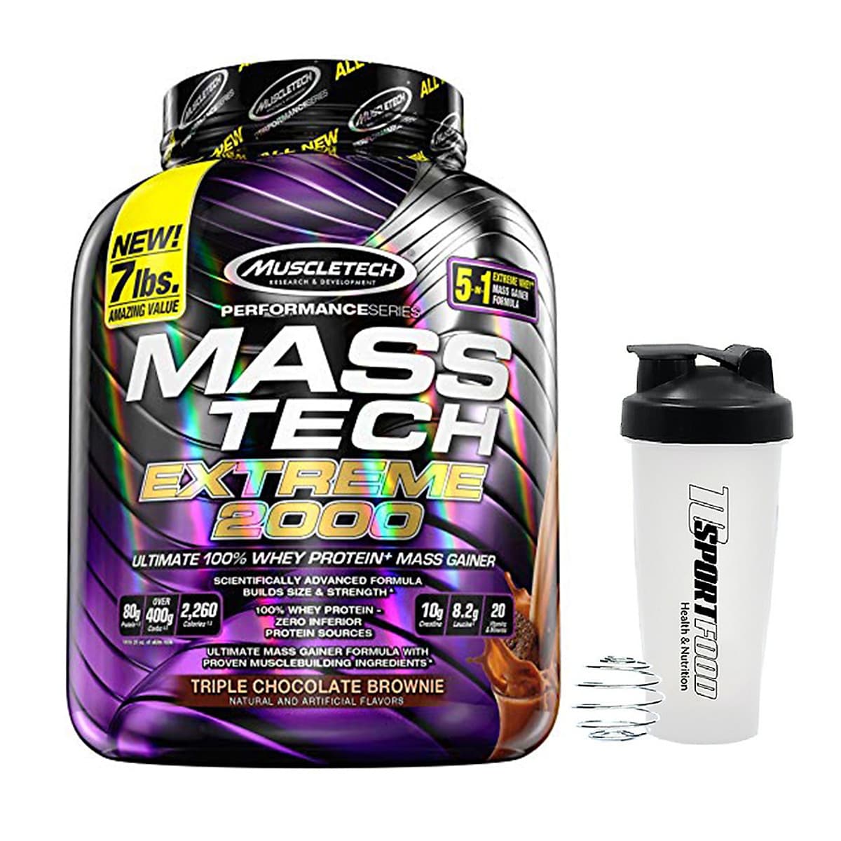 Combo Sữa tăng cân tăng cơ MASS TECH EXTREME 2000 của MuscleTech hương Chocolate hộp 3.2kg hỗ trợ tăng cân tăng cơ nhanh cho người gầy kén ăn, khó hấp thu, khó tăng cân & Bình lắc 600 ml (Màu Ngẫu Nhiên)