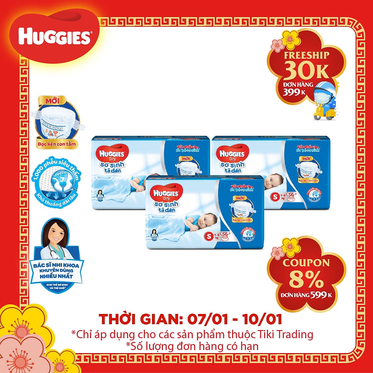 Combo 3 Gói Tã Dán Sơ Sinh Huggies Mới (4-8) kg - Gói 56 Miếng 
