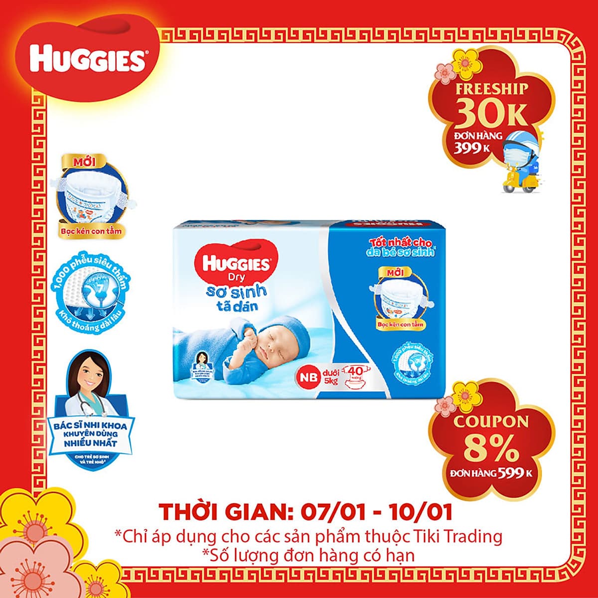 Tã Dán Sơ Sinh Huggies NB40 - Dưới 5kg (40 Miếng)