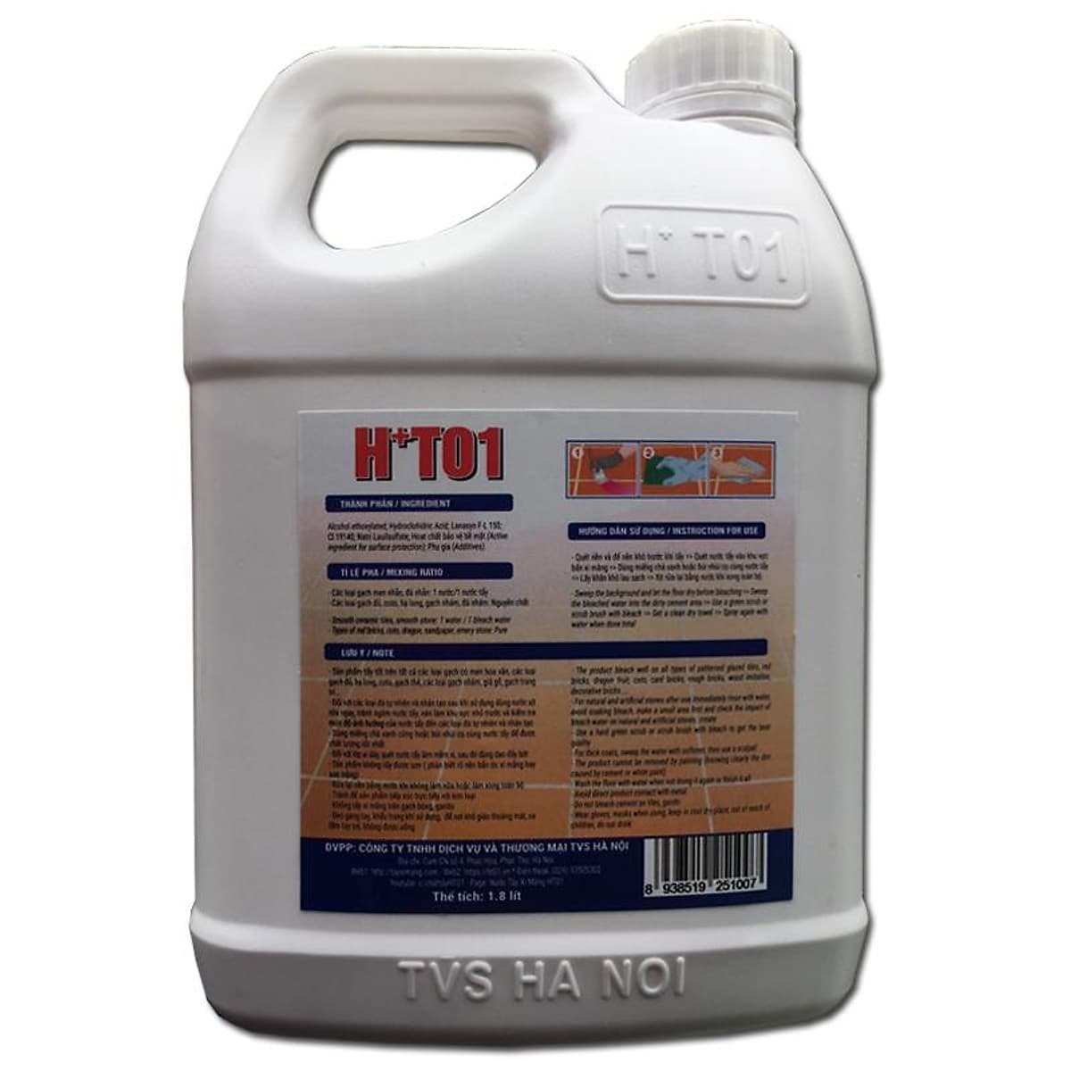 Chất tẩy mốc xi măng trên nhiều chất liệu, tẩy rong rêu, tẩy gạch cũ bẩn, tẩy ron gạch siêu mạnh  HT01-TVS -1,8L (sản phẩm mới hoạt chất bảo vệ bề mặt 100%, chất lượng cao)