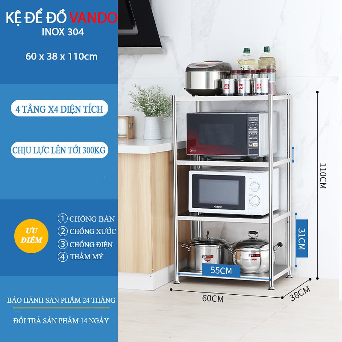 Kệ đa năng để lò sóng Inox 304 trắng chống han gỉ, kệ để đồ nặng nhà bếp cao cấp VANDO kệ tủ tiện lợi