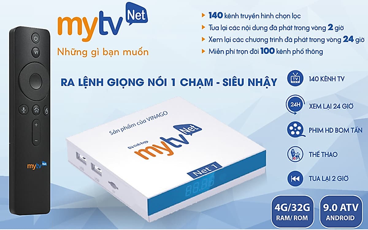 Android TV Box MyTV Net 4GB/32GB Mới 2020 - Tích hợp điều khiển giọng nói, truyền hình hơn 100 kênh HĐH Anfdroid TV, cấu hình mạnh mẽ- Hàng chính hãng