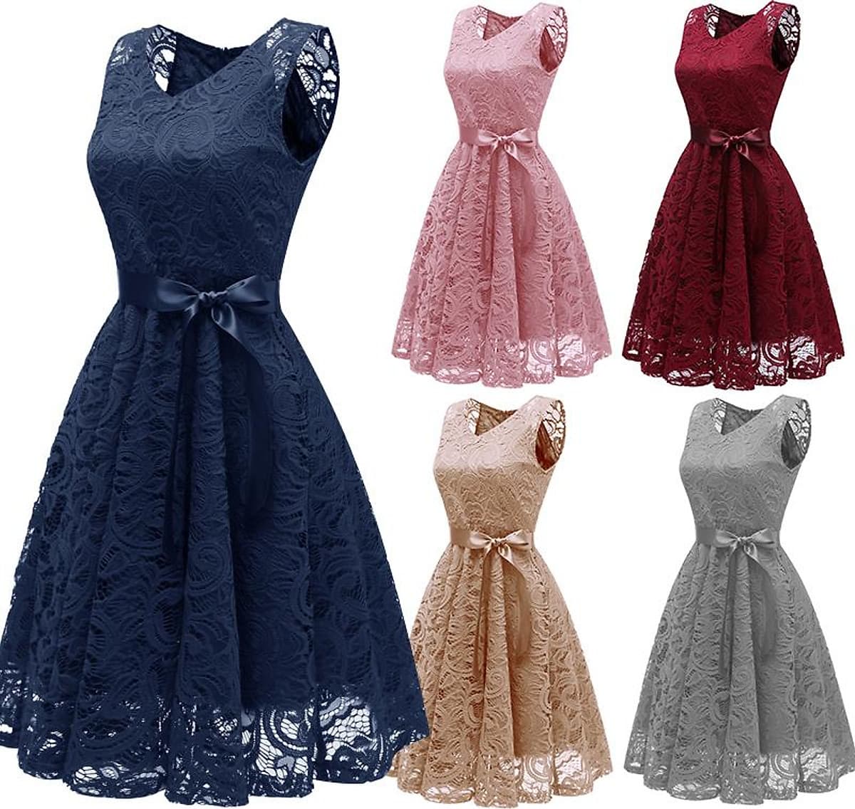 Đầm Ren Dự Tiệc Cổ Chữ V Sát Nách Thắt Lưng Công Chúa