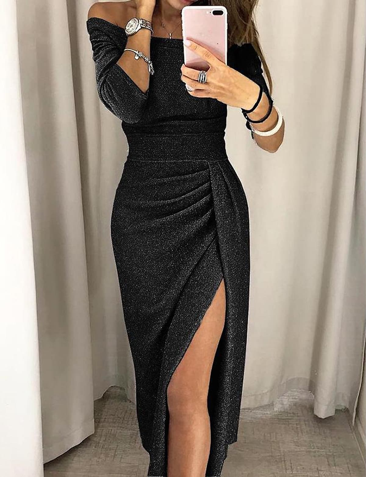 Váy Dạ Hội Lệch Vai Cho Nữ Đen