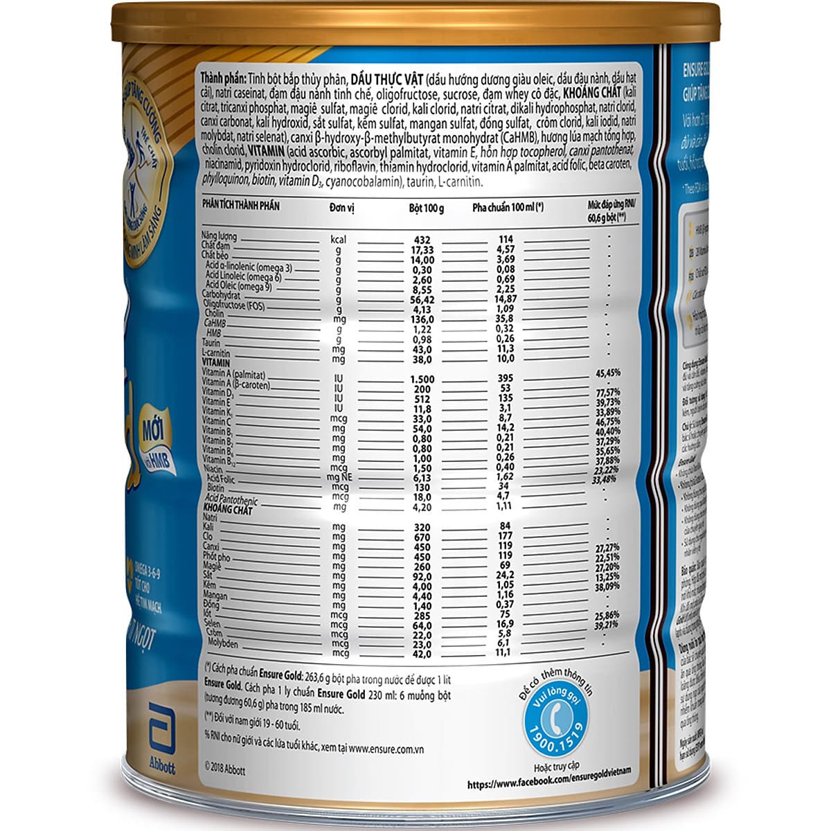 Sữa Bột Abbott Ensure Gold Hương Lúa Mạch Ít Ngọt 850g