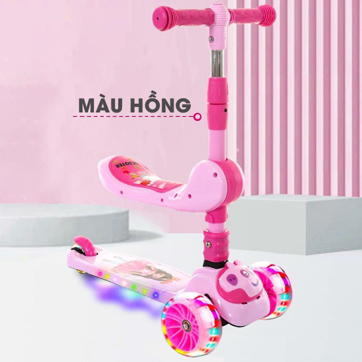 Xe trượt scooter 3 bánh cao cấp dành cho bé, phát nhạc, bánh xe phát sáng vĩnh cửu, rèn luyện vận động, tăng chiều cao cho bé, chịu lực lên tới 90kg