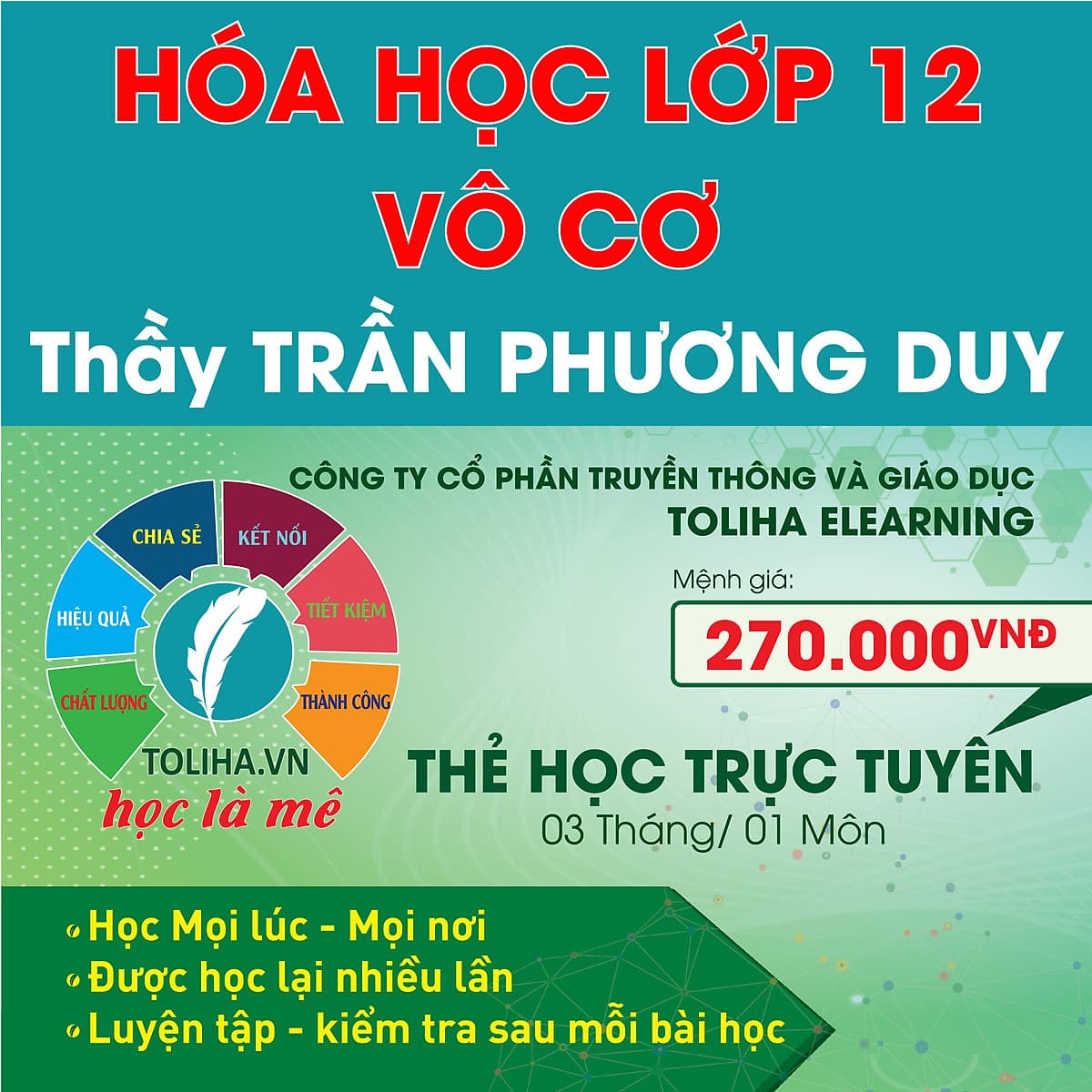 Khóa học HÓA HỌC VÔ CƠ 12 - CƠ BẢN + NÂNG CAO thầy Trần Phương Duy - 03 tháng