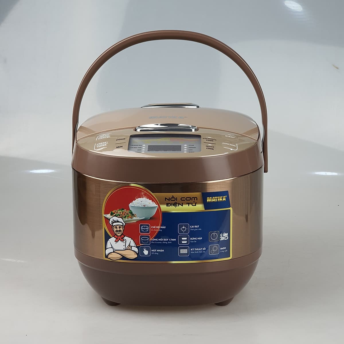 Nồi Cơm Điện Tử 1.8L Matika Đa Chức Năng Nấu Thân Inox Chống Dính 3 Lớp Nấu Cơm,Hấp Bánh,Nấu Cháo Hâm Nóng (Vàng Đồng)-Hàng Chính Hãng